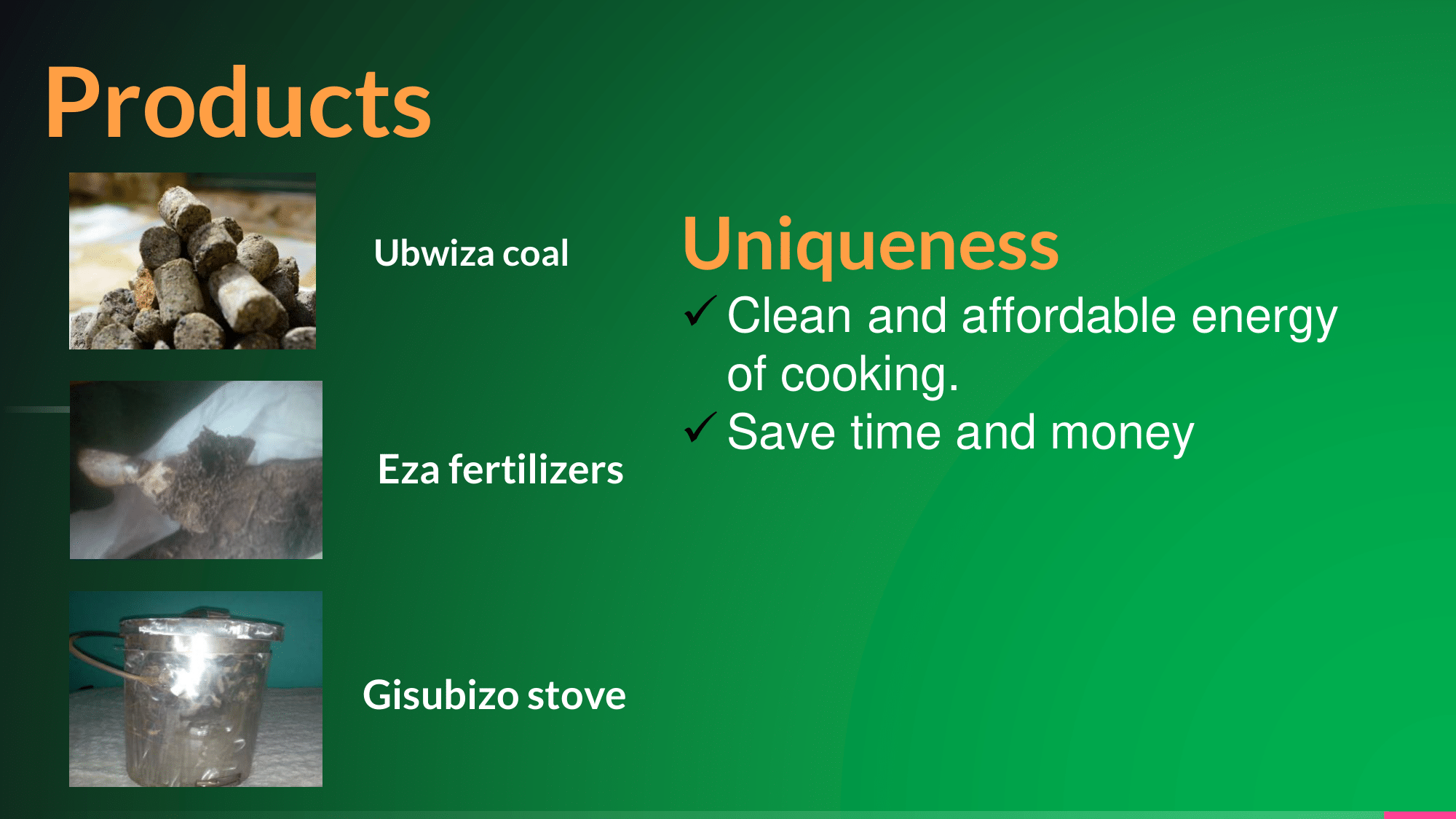 Ubwiza coal, Eza fertilizers and Gisubizo stove