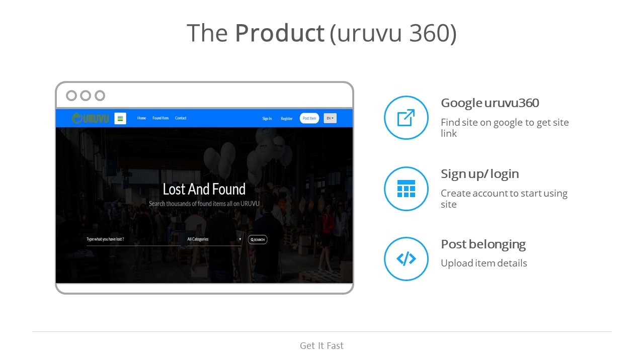URUVU360 homepage with Lost And Found search